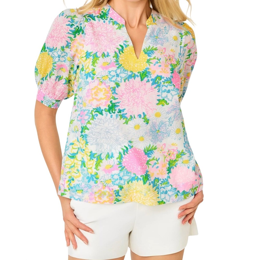 LILLY PULITZER® Brinelle Top Multi Lilly Garden Large Cotton Puff Sleeve $128